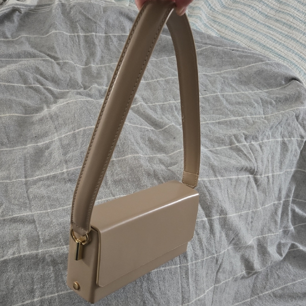 Madison West Beige Mini Shoulder Bag with Gold Hardware